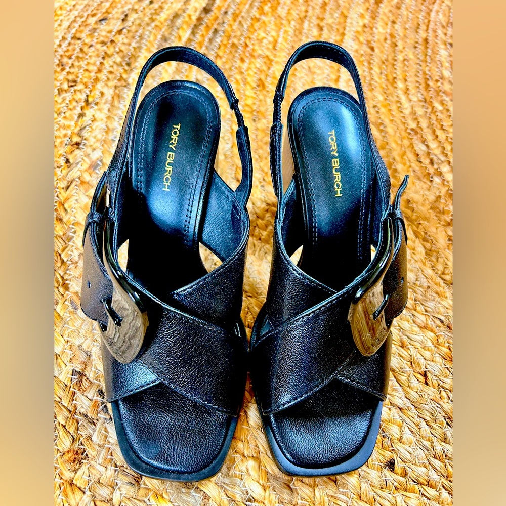 Tory Burch Black Buckle Crisscross Chunky-Heel Sandals size 6.5